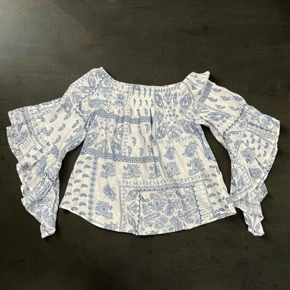 Paisley Off Shoulder Bell Sleeve Top Blue White Cottagecore Boho Coastal Prairie